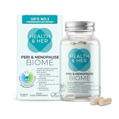 Image of Health &amp; Her Peri Menopause Biome 50bn Live Cultures Supplements for Women Ashwagandha, Magnesium, Zinc 1 Month Supply, 60 Capsules Phytoestrogen Free