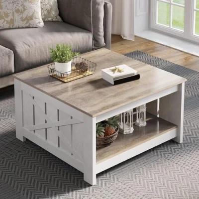 Image of YITAHOME Coffee Table with Storage,Square Wood Modern Rustic for Living Room,Farmhouse Grey Wash Tables,Coffee Room Half Open Storage Compartment