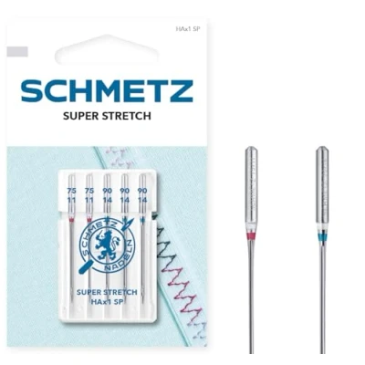 Image of SCHMETZ Domestic Sewing Machine Needles 5 Super Stretch HAx1 SP Needle Size 2x75/11,3x90/14 for Working with Elastic Fabrics Thicker Threads