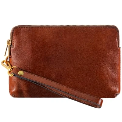 Image of Time Resistance Cognac Brown Leather Clutch for Men Organizer Bag Wrist Briefcase Handmade in Italy Gift Box Included