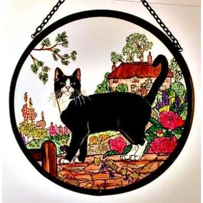 Image of Winged Heart Decorative Hand Printed Stained Glass Window Sun Catcher/Roundel in a Cottage Garden Cat Design.