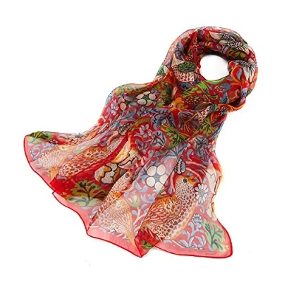 Image of Signare Women&#039;s 100% Silk Lightweight and soft Scarf/Headwear with William Morris Design (Strawberry Thief Red)