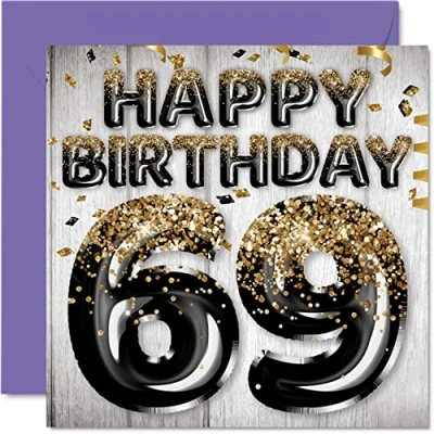 Image of 69th Birthday Card for Men Black &amp; Gold Glitter Balloons Happy Cards 69 Year Old Man Dad Grandad Grandpa Gran Uncle, 145mm x Sixty Nine Ninth Bday Greeting Gift