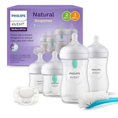 Image of Philips Avent AirFree Vent Baby Bottle Newborn Gift Set 4 Milk Bottles with Air Free Vent, Ultra Soft Pacifier and Brush, Babies Aged 0 12 Months+ (Model SCD657/11)