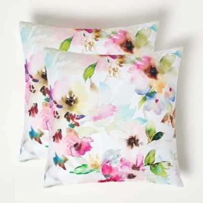 Image of HOMESCAPES Set of 2 Outdoor Cushions Waterproof, Colourful Flowers Filled Garden Cushion, Hypoallergenic Polyester, Decorative Pillows for Indoor &amp; Patio, Benches Sofa 45 x 45cm