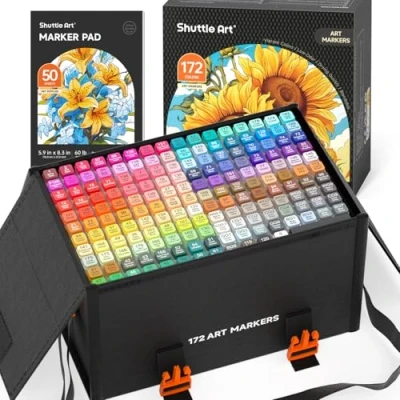 Image of Shuttle Art Alcohol Markers, 171 Colours Professional Dual Tip Pens Plus 1 Colourless blender Marker Pad, Felt with Case for Artists Adult Illustration Colouring Sketching Drawing