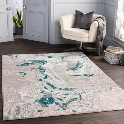 Image of Livabliss Adria Abstract Rug Area Rugs Living Room 200x274 cm, Dining Room, Lounge, Kitchen, Bedroom Modern Marble Rug, Soft Luxurious Easy Care Medium Pile Large Grey, Blue and Ivory