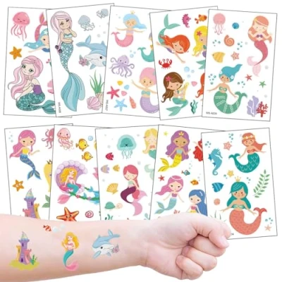Image of Kids Temporary Tattoos 10 Sheets, Mermaid Fake Stickers for Girls as Party Bag Fillers, Stocking Small Gifts