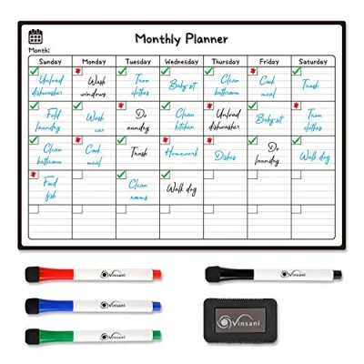 Image of Vinsani Monthly Whiteboard A3 Size Make Notes, Lists, Memos, Menus. for Home, School, Office and Kitchen Use with 4 Free Magnetic Dry Wipe Pens Eraser (29.7 x 42.8 cm)