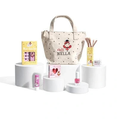 Image of Miss Nella makeup set for kids, &amp; nail polish little girls, Hypoallergenic, Dermatologically tested, Non toxic, in Canvas cosmetic bag, safe and fun (Girly Girl, 6, count)