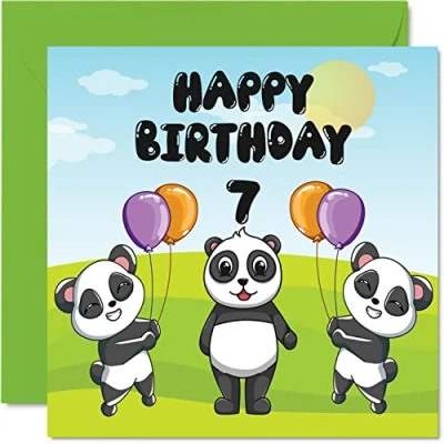 Image of 7th Birthday Card Unisex Panda Party Happy 7 Year Old, 145mm x Cute Greeting for Son Daughter Brother Sister Grandson Granddaughter Niece Nephew Cousin