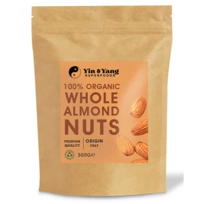 Image of Organic Almonds 500g Whole &amp; Raw, by Yin Yang Superfoods. Premium Quality, High in Fibre Source of Protein, Vegan, Contains Antioxidants, Certified Organic, Sourced Italy