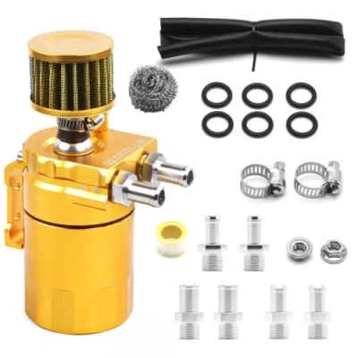 Image of LSOAARRT Polish Baffled Oil Catch Can Reservoir Tank Breather Filter with 3/8&quot; NBR Fuel Line Aluminum (Gold)