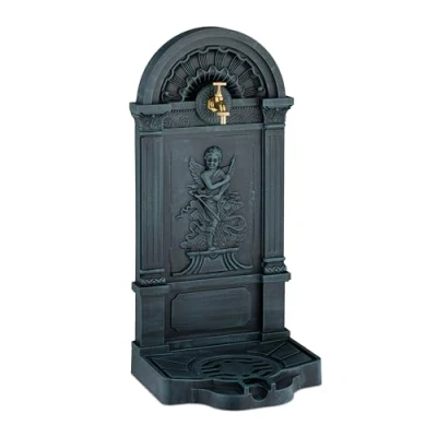 Image of Garden Fountain, Antique Design with Angel, Tap &amp; Basin, hwd: 83 x 39 33 cm, Outdoor Water Feature, Grey Relaxdays