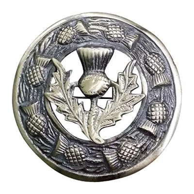 Image of Men&#039;s Scottish Thistle Kilt Fly Plaid Brooch Antique Finish 3&quot;/ Celtic Brooches &amp; Pins Brass Metal (Thistle Crest Antique)