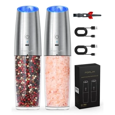 Image of FORLIM 9Oz Large Capacity Gravity Electric Salt and Pepper Grinder Set, USB Rechargeable Automatic Mills with LED Light, Adjustable Coarseness, Stainless Steel, 2 Pack(Sliver)