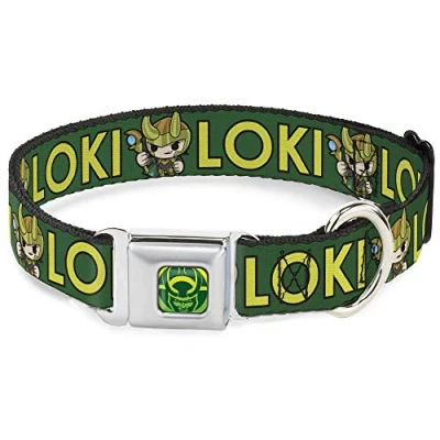 Image of Buckle Down Dog Collar Seatbelt Kawaii Loki Standing Pose Text Green Yellow Multi Color, DC SB THAI WTH024 1.0 L, 1&quot;&quot; wide fits 15 26&quot;&quot; neck large&quot;