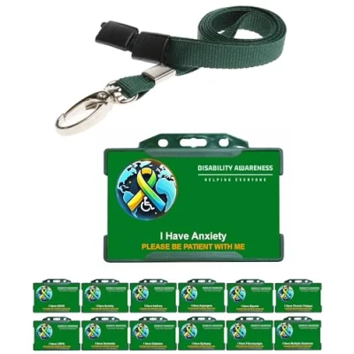 Image of Anxiety Green Hidden Disability Awareness Card representing Disabilities around the world With Holder and Lanyard
