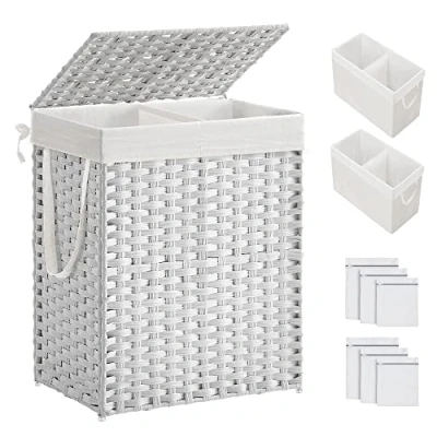 Image of SONGMICS Laundry Hamper with Lid, 90L Clothes 2 Removable Liner Bags &amp; 6 Mesh Bags, Wicker Basket, Double for Bathroom, 13 x 18.1 23.6 Inches, White ULCB251W01V1