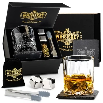Image of WHISISKEY Whiskey Glass Set Gift Sets for Men Whisky Birthday Gifts Rum Tumblers Mens with 1 Glass, 2 Stones, Accessories
