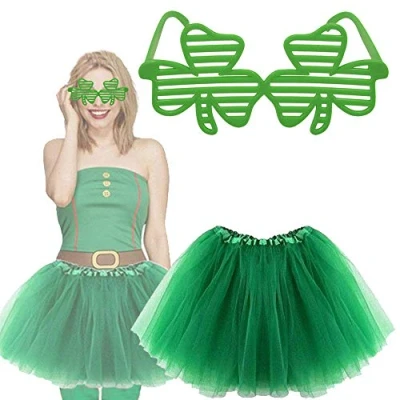 Image of Lizzy Women&#039;s St Patrick&#039;s Day Tutu with Giant Irish Sunglasses Ladies Fancy Dress Party Costume Accessory Green Skirt