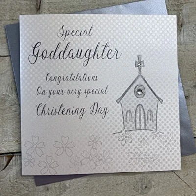 Image of WHITE COTTON CARDS Silver Church, Day Goddaughter Congratulations Handmade Christening Card, White, WB46C GOD/D