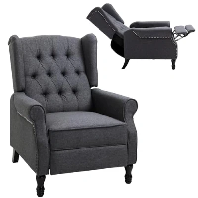 Image of HOMCOM Recliner Armchair, Vintage Reclining Chair with Nail Head Trim, Wingback Button Tufted Back and Footrest, for Living Room, Dark Grey