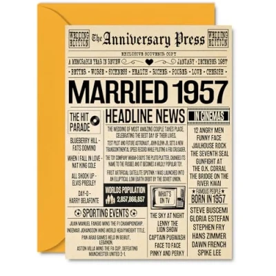 Image of 67th Anniversary Cards for Men Women Married 1957 Newspaper Happy 67 Wedding Card Husband Wife Grandma Grandad Nan Vintage Retro 1957, A5 Greeting