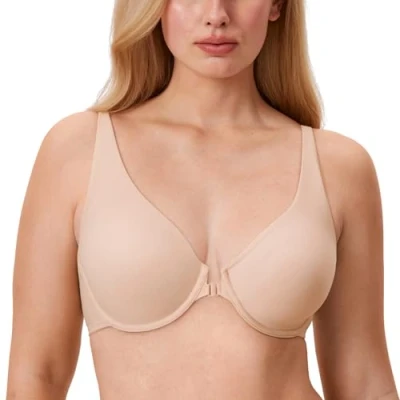 Image of Delimira Women&#039;s Front Fastening Bras Seamless Full Coverage Unlined Underwire Support Bra Beige 42DD