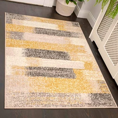 Image of Durable Abstract Ochre Grey Striped Living Room Carpet Rug Distressed Yellow Mustard Slate Painterly Lounge Bedroom Hallway Area Rugs 80cm x 150cm