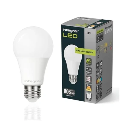 Image of Integral LED 2 Pack E27 Non Dimmable Dusk to Dawn Dual Sensor Frosted GLS Bulb Warm White 2700K, 806lm, 8W (60W Equivalent) Energy efficient &amp; Ideal for Outdoor, Porch, Garage, Garden