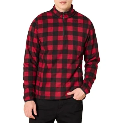 Image of Amazon Essentials Men&#039;s Quarter Zip Polar Fleece Jacket, Black Red Buffalo Check, XXL