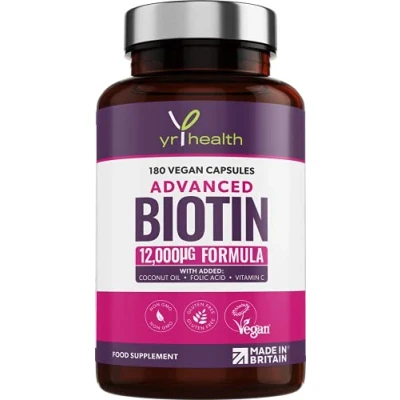 Image of Biotin Hair Growth Supplement 12,000mcg, 180 Vegan Capsules not Tablets for Skin and Nails with Coconut Oil, Vitamin C &amp; Folic Acid, B7 Men Women Made in UK by YrHealth
