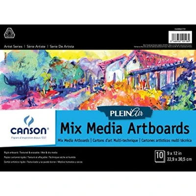 Image of Canson Plein Air Mix Media Art Pad for Watercolor, Acrylic, Pens and Pencils, 9 x 12 Inch, Set of 10 Boards, Paper, White, 9&quot; 12&quot;