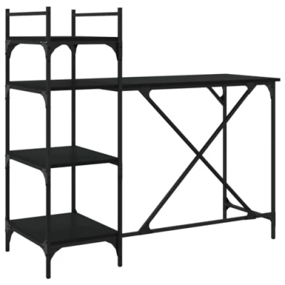 Image of vidaXL Computer Desk with Shelves Engineered Wood &amp; Metal Frame Black Spacious Writing Table Standing Office 120 x 47 109 cm