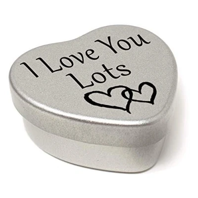Image of Perfect Way to say I Love You. Beautiful Mini Silver Heart Tin with Sweets, Present Size 45mm x x20mm. (I You Lots)