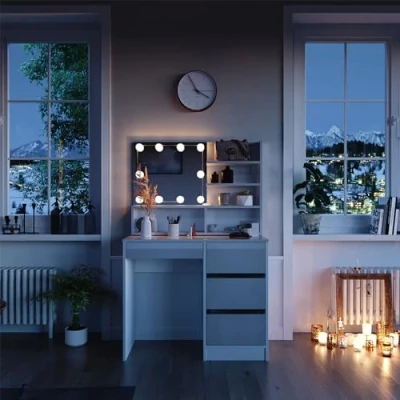 Image of Vicco Vanity table Sherry, White High Gloss, 90 cm with LED lighting, and mirror shelf