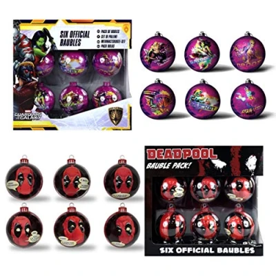 Image of Deadpool &amp; Guardians of The Galaxy Set 2 6PC Christmas Tree Tin Baubles Decoration Pack 7.5cm x Featuring 6 Different Designs Per Pack.