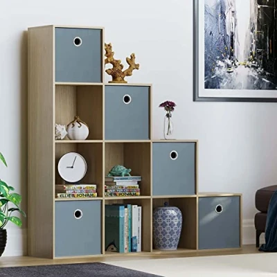 Image of Vida Designs Durham Staircase Bookcase Shelves Storage Organiser Living Room Furniture (10 Cube &amp; 5 Grey Baskets, Oak)