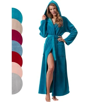 Image of Morgenstern Womens Luxury Dressing Gown Long with Hood Bathrobe Teal Size S UK 8/10 Full Length 54&quot;/140 cm
