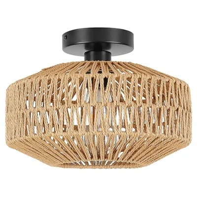 Image of Schindora Boho Rattan Ceiling Lights,Vintage Chandeliers Light E27 Rustic Braided Basket Lamp Shades for Bedroom Living Room Kitchen Dining Hallway,Without Bulb