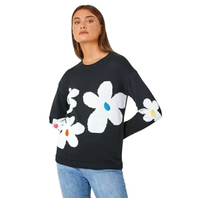 Image of Roman Originals Jumper for Women UK Ladies Winter Autumn Casual Pull On Round Crew Neck Long Sleeve Comfy Work Dinner Party Everyday Colourful Longline Stylish Black White Size 12