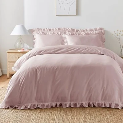 Image of Appletree Lavender Frill Duvet Cover King Bedding Size (230 x 220cm) Soft 100% Cotton 2 Pillowcases Frilly Ruffle in Purple Lilac