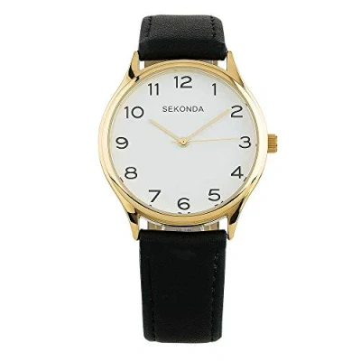 Image of Sekonda Black and Gold Leather White Dial Strap Watch 1854