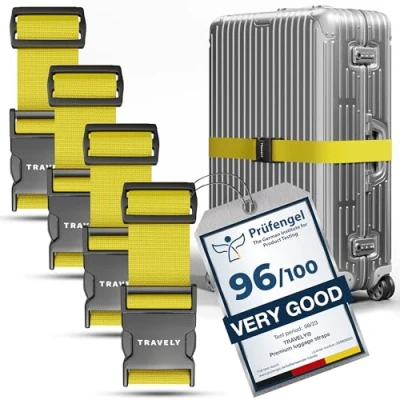 Image of Travely® Premium Luggage Strap Especially Eye catching and Safe Includes 2 Name Tags Ideal Over Cross [Set of 4] Yellow