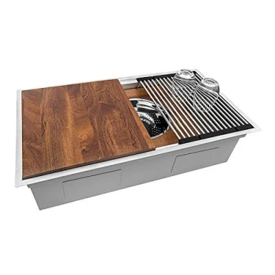 Image of Ruvati 33 inch Workstation Dual Tier Ledge Kitchen Sink Undermount 16 Gauge Stainless Steel RVH8222