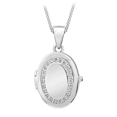Image of Tuscany Silver Women&#039;s Sterling Oval Cubic Zirconia Locket Pendant on Curb Chain of 46cm/18&quot;