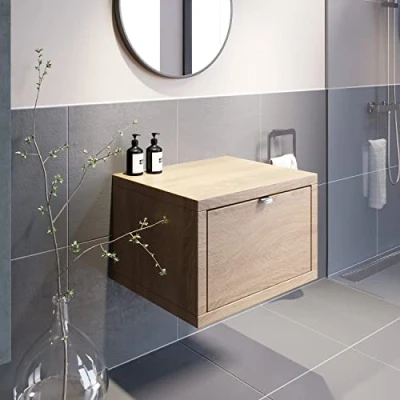 Image of Vitusso® 600mm Bathroom Vanity Unit Countertop Wall Hung Drawer Storage Furniture Oak Wood, No Basin