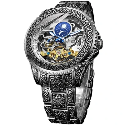 Image of FORSINING Retro Watch for Men Carved Self Wind Mechanical Tattoo Tourbillon Moon Phase Independent Seconds Skeleton Automatic Big Dial Wrist Watches, silver,