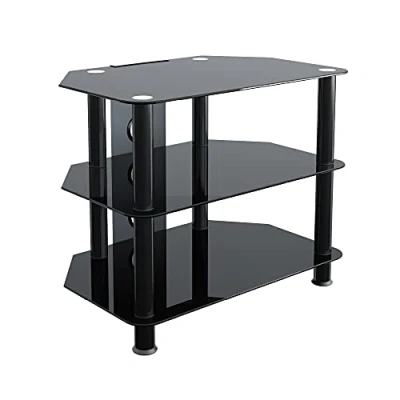 Image of MAHARA Glass Corner TV Stand Universal Black Unit 60cm wide with Shelves and Cable Management Floor Suitable for up to 32 TVs Max Weight 35kg